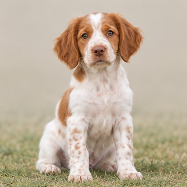A lively orange and white dog standing gracefully in a field