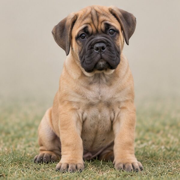 Powerful dog with a short, brindle coat sitting proudly on grass