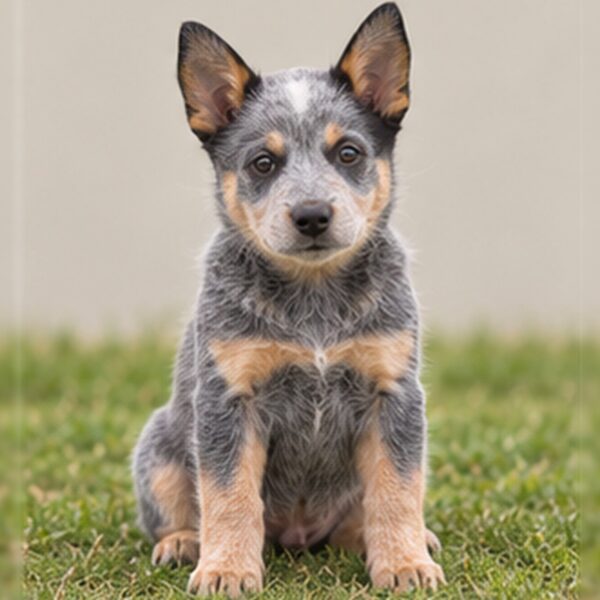 Blue-coated dog with erect ears, standing alert in grassy field