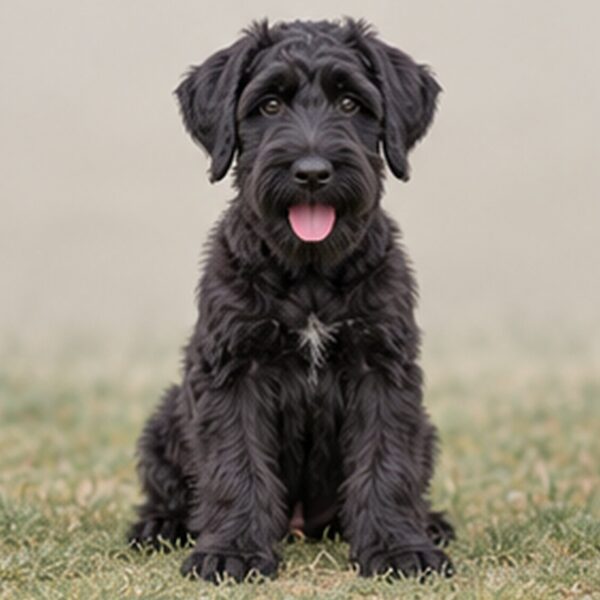 Large black dog with a dense, wiry coat standing proudly