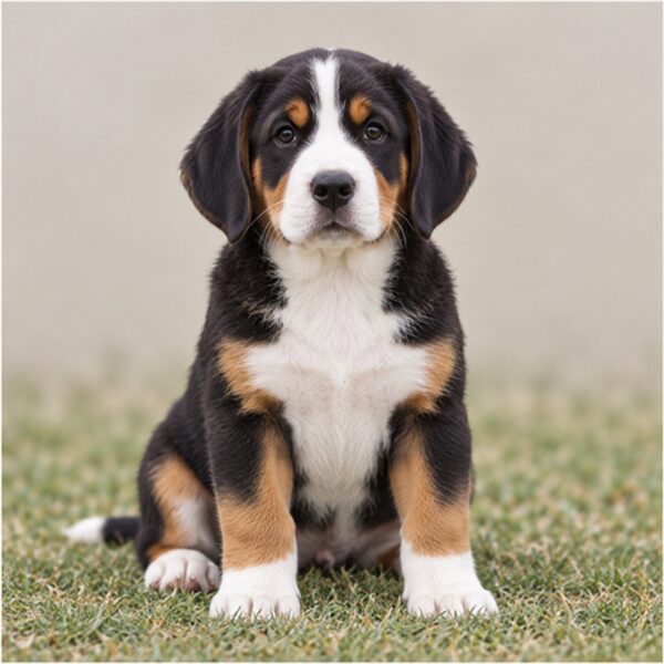 Large dog with a tricolor coat, standing proudly in a grassy field