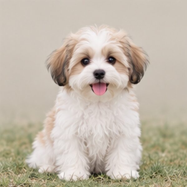 Fluffy Malshi with a white and cream coat sitting playfully on grass