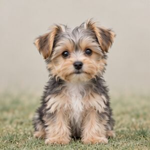 Small, fluffy dog with a blend of tan and black fur, sitting attentively