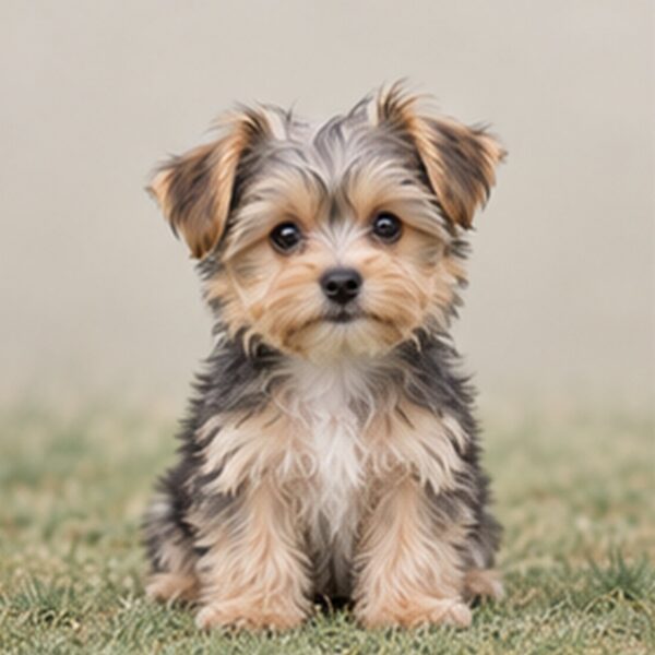 Small, fluffy dog with a blend of tan and black fur, sitting attentively