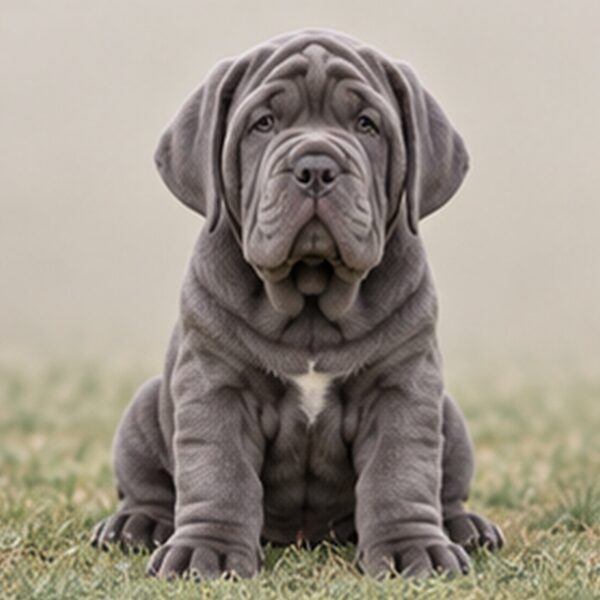 Large, wrinkled dog with a loose coat, standing proudly, grayish-brown color