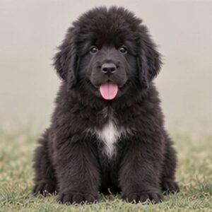 Large, fluffy black dog with a thick coat, standing proudly by water
