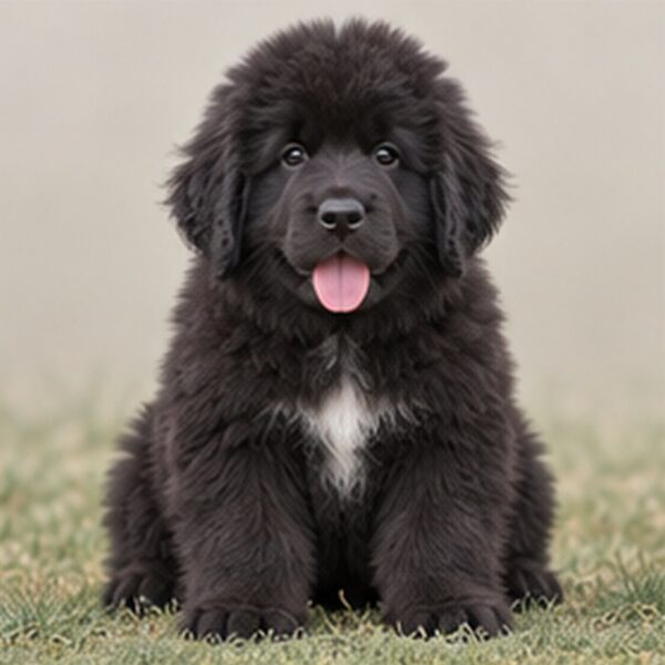 Large, fluffy black dog with a thick coat, standing proudly by water