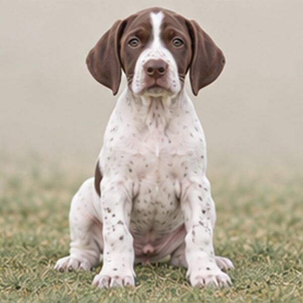 Elegant brown and white spotted dog standing alert in a grassy field