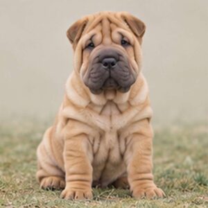 Wrinkled dog with a short, bristly coat, sitting upright and alert