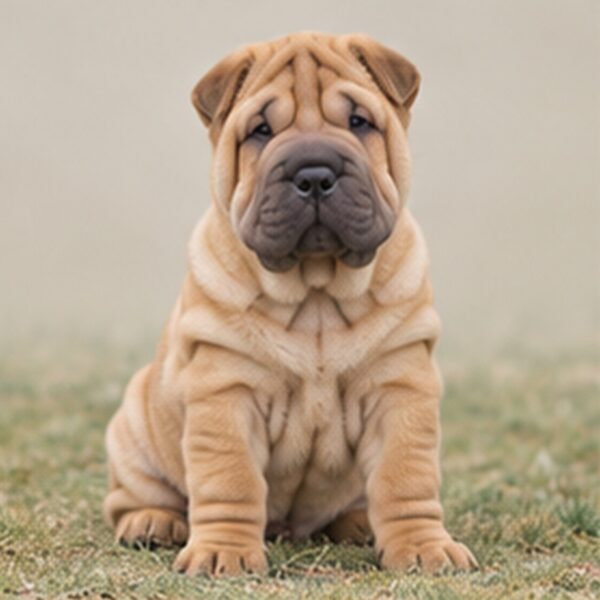 Wrinkled dog with a short, bristly coat, sitting upright and alert