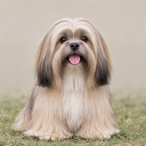 Fluffy Lhasa Apso with a long, flowing coat sitting alertly