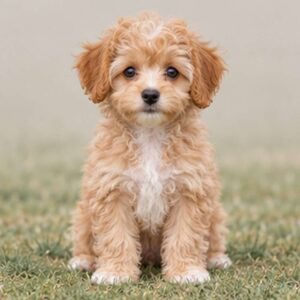 Small, fluffy dog with a curly coat, playful expression, and alert posture