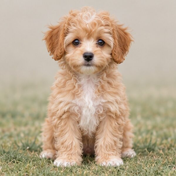 Small, fluffy dog with a curly coat, playful expression, and alert posture