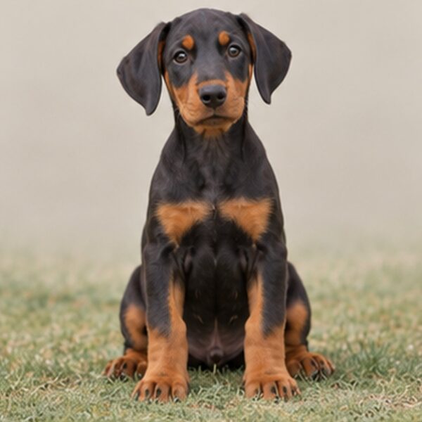 Sleek black and tan Doberman standing proudly with alert expression