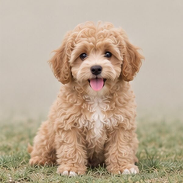 Small, fluffy dog with a curly white coat, sitting happily